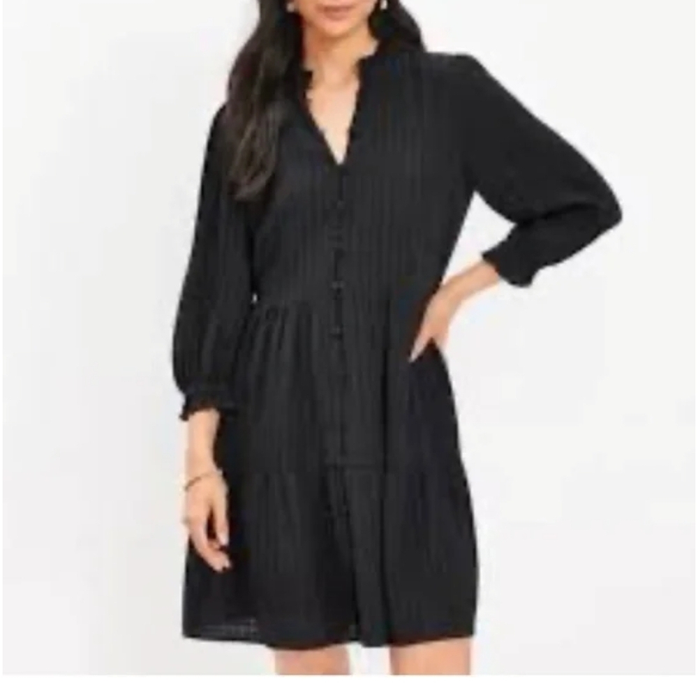 LOFT Black Textured Long Sleeve Dress